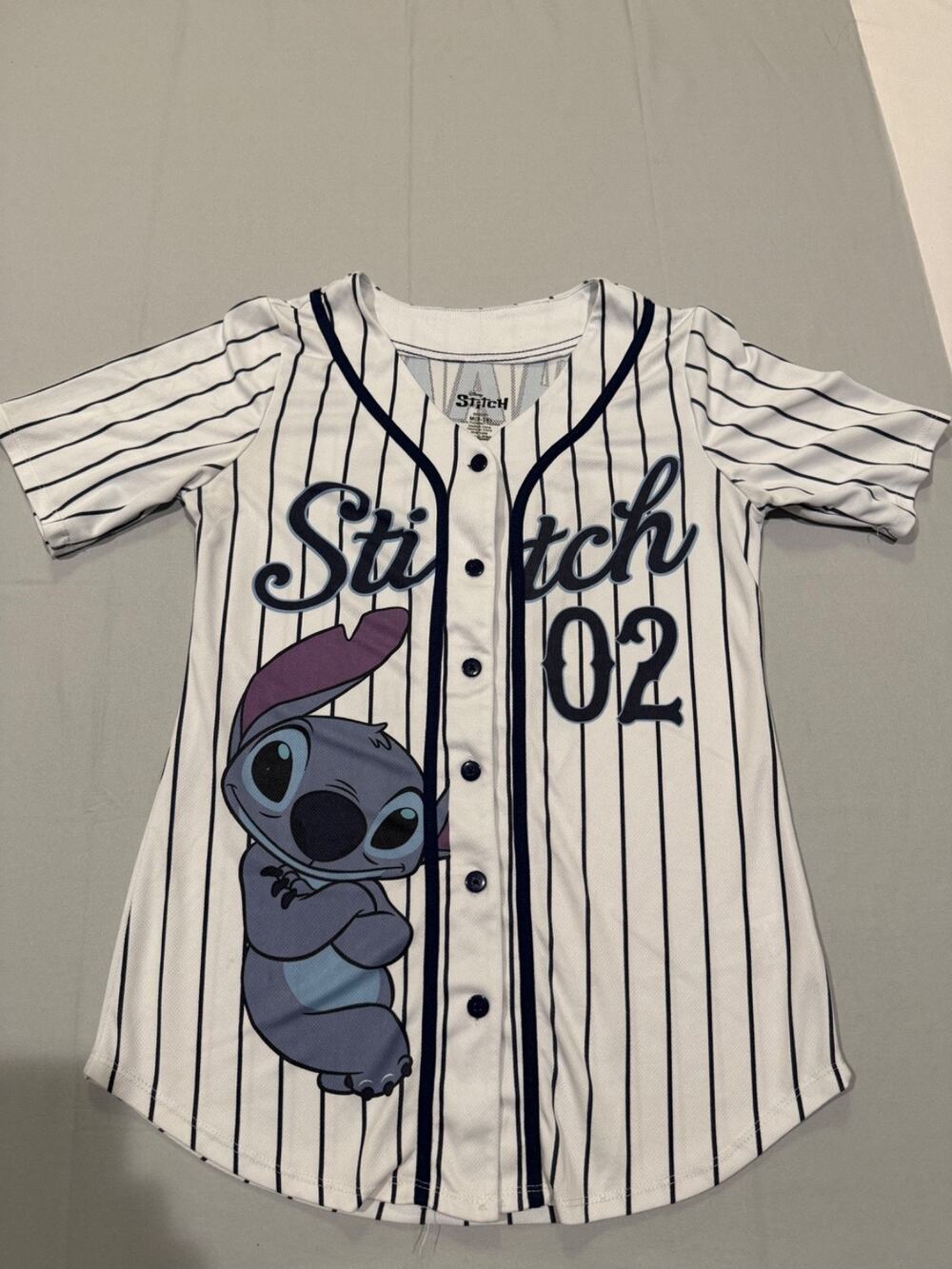Disney Stitch 02 Women’s M 8/10 Baseball Jersey Ohana Means Family Button Up